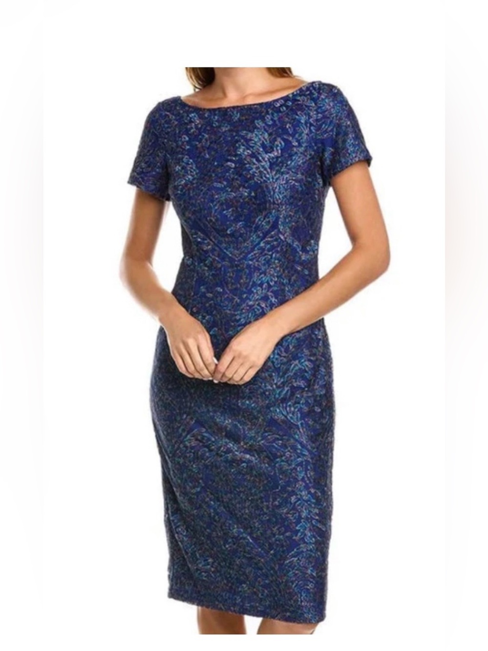 JS Collections blue short-sleeve sheath cocktail dress metallic embroidered SZ10